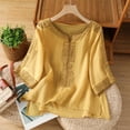 thumbnail image 2 of DeHolifer T-Shirts for Women Cotton Linen 3/4 Sleeve Embroidered Retro Printed Crewneck Casual Loose Blouse Yellow L, 2 of 8