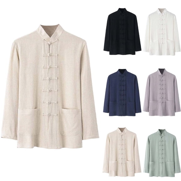 Daiosportswear Men's Linen Shirts Long Sleeve Retro Mandarin Collar Chinese Frog Button Tops Blouse Traditional Kung Fu Uniform White XL