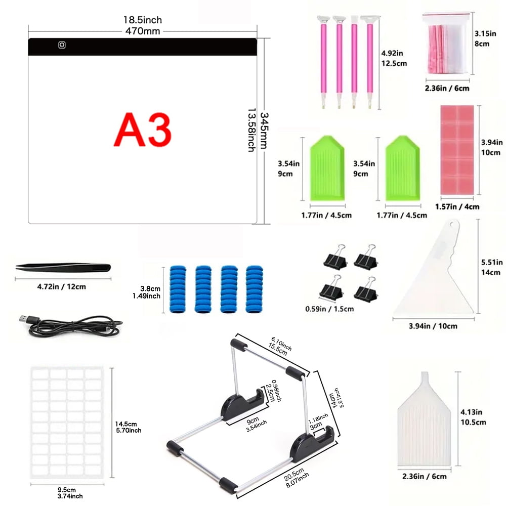 Big A3 LED Copy Board Light Tracing Box, Adjustable USB Power LED Trace Light Pad For Tattoo Drawing, Streaming, Sketching, Animation, Stenciling, With Removable Stand And Diamond