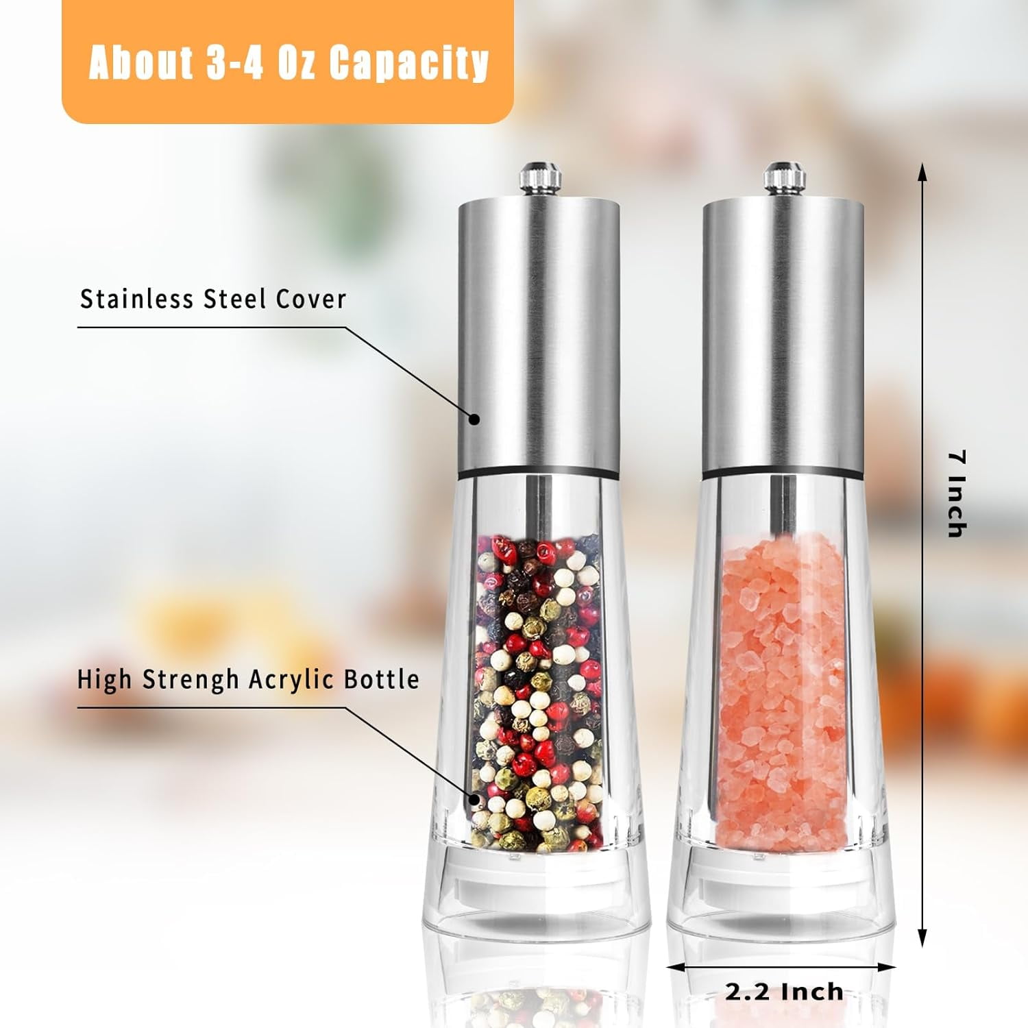 Acrylic Salt and Pepper Grinder Set, Haomacro Refillable Sea Salt Pepper Mill Grinder, 2-Piece Manual Pepper Mills Stainless Steel Spice & Salt Shakers with Adjustable Coarseness
