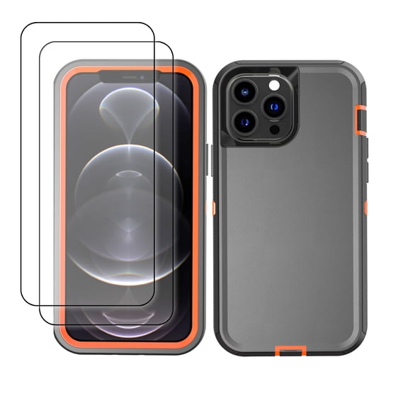 Hotpom for iPhone 15 Pro Max Case with 2 Pack Screen Protector Heavy Duty Shockproof Dust/ Drop Proof Full Body Protection Women Men universal Phone Cover, Black/Orange