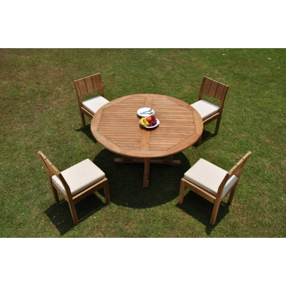 Grade-A Teak Dining Set: 4 Seater 5 Pc: 60" Round Table And 4 Veranda Armless Chairs Outdoor Patio WholesaleTeak #WMVR57