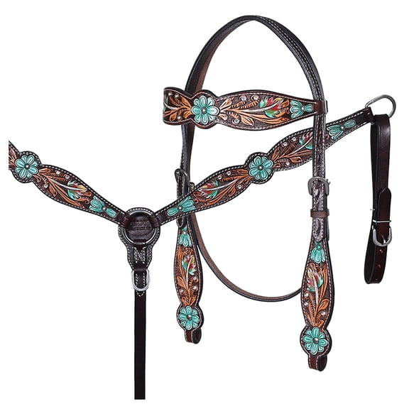 HILASON Western Horse Floral Headstall Breast Collar Set American Leather