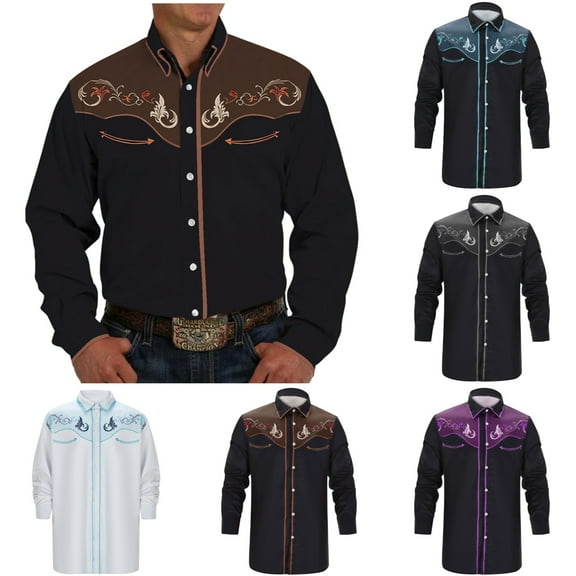 HOWPAY Western Shirts for Men Embroideres Cowboy Vintage Long Sleeve Lapel Collar Casual Button down Tops Loose Fit Lightweight Fall Outfits Gold L