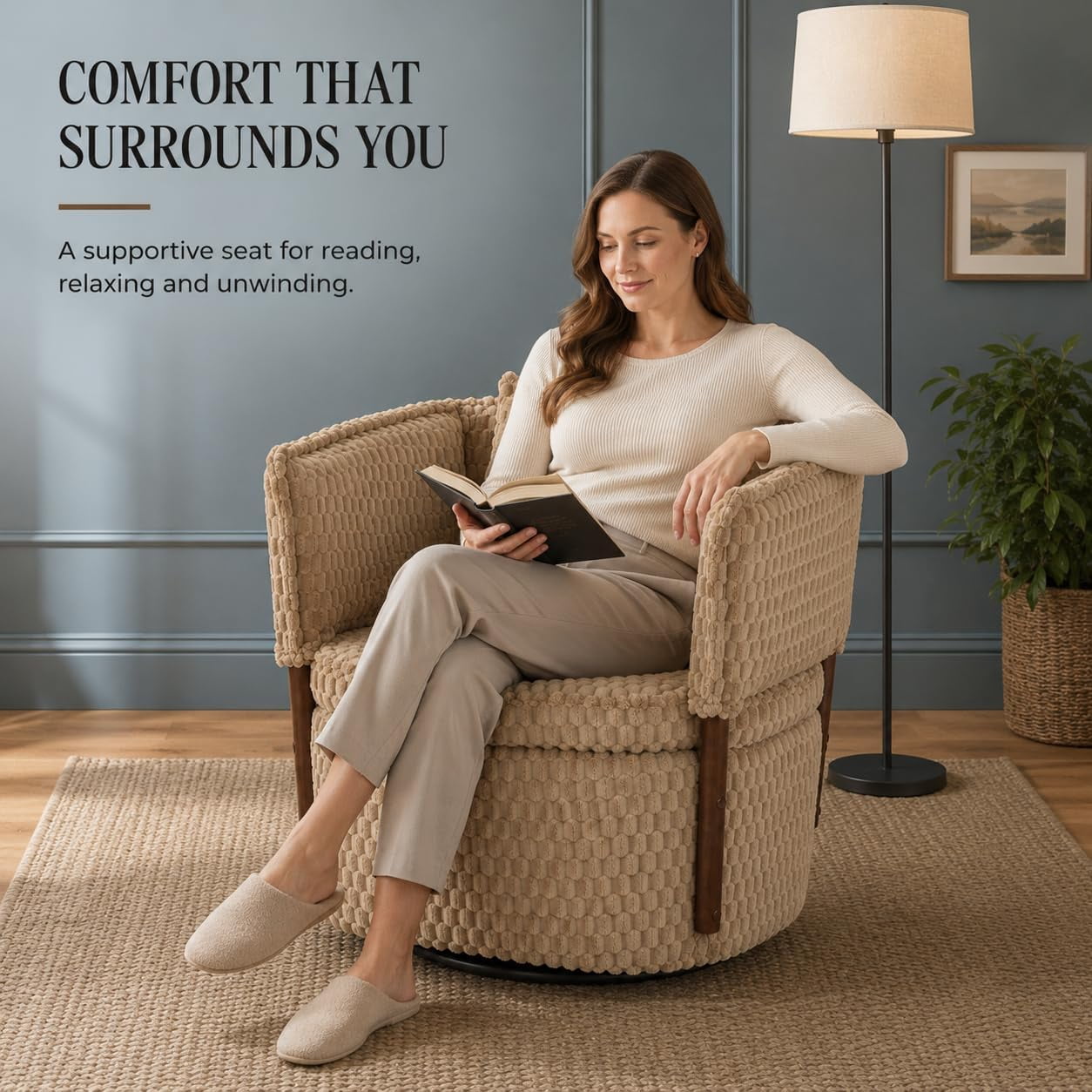 MOONIMSS 360°Swivel Accent Chair, Corduroy Vanity Chair with Storage,Coffee