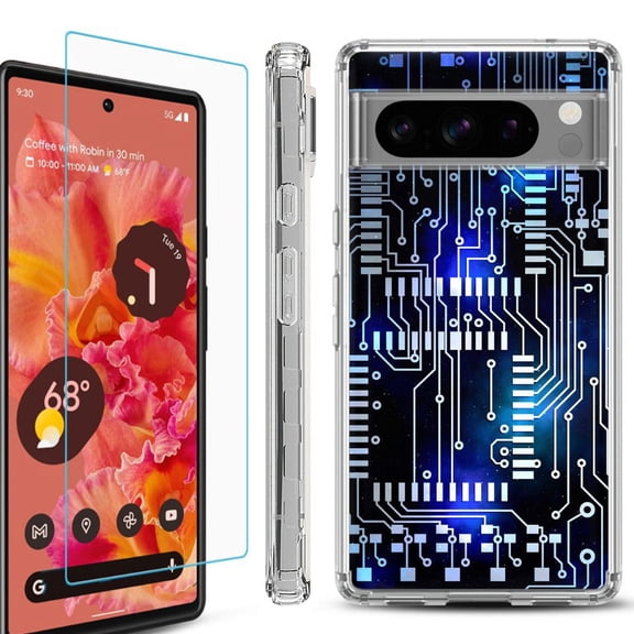 OneToughShield ® Compatible with Google Pixel 8 Pro, Shockproof Phone Case, with Tempered Glass Screen Protector - Cosmos Circuit