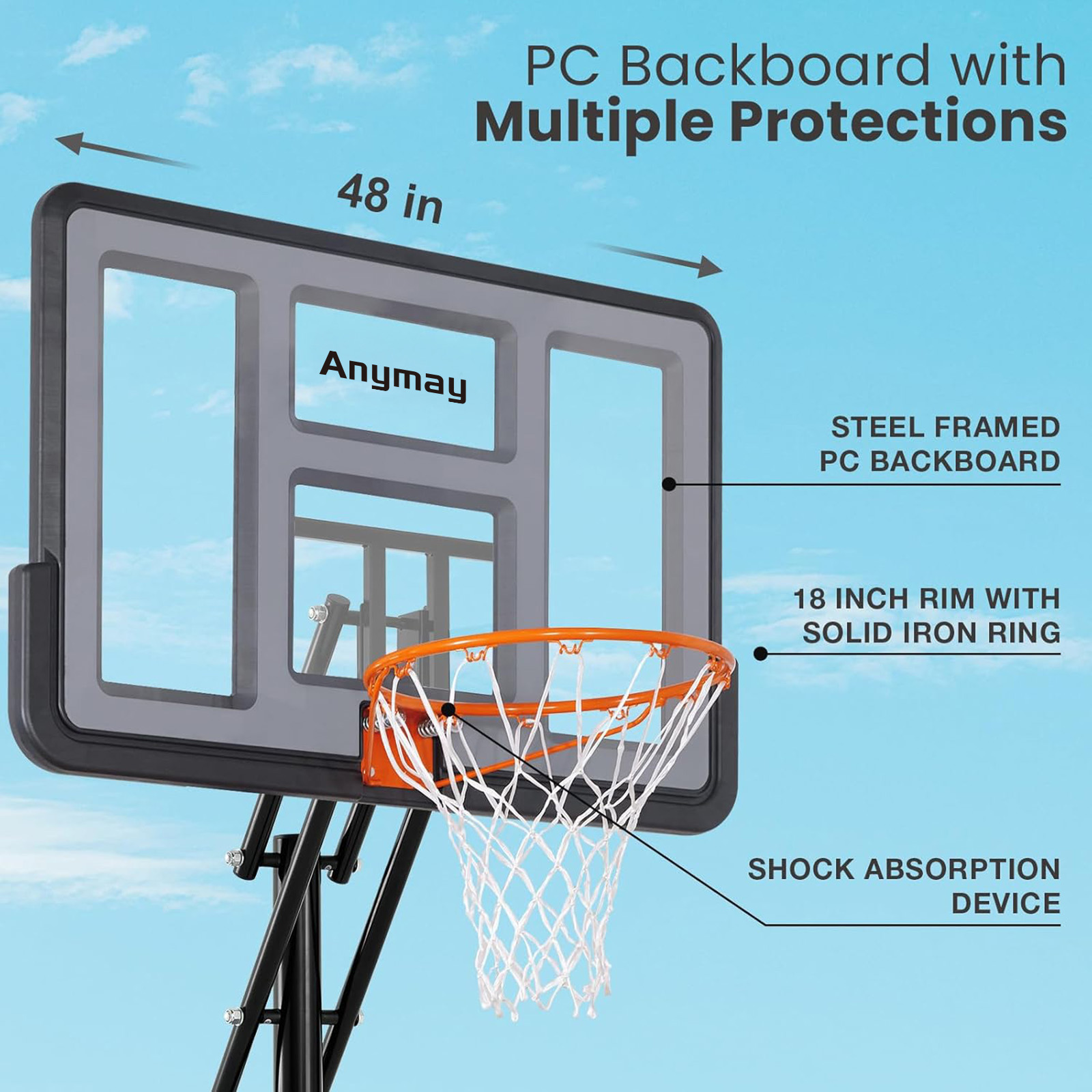 Basketball Hoop Outdoor 48Inch Impact Backboard, 5.3-10FT Height Adjustable Basketball Hoop Goal System with Portable Wheels for Adults