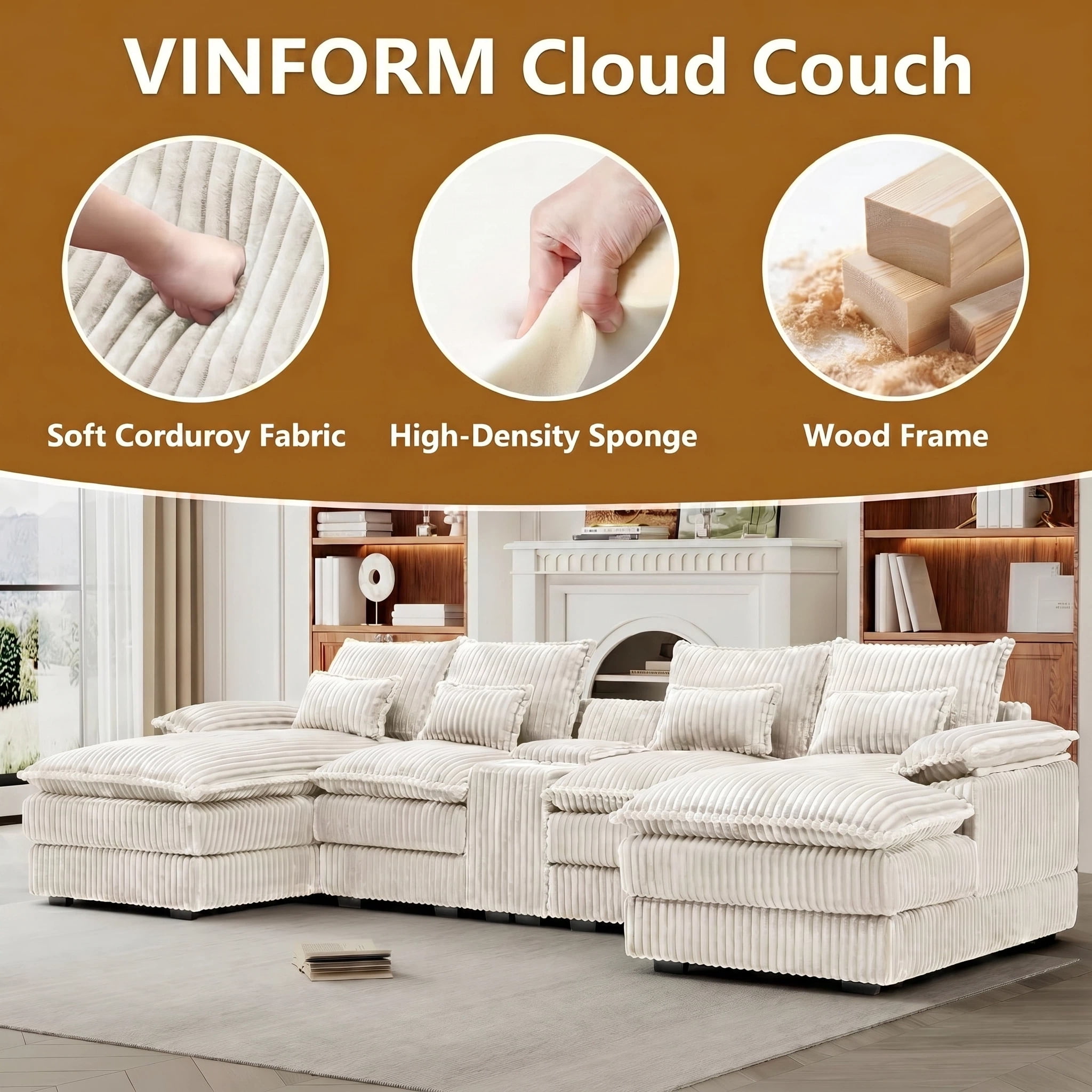Vinform 124" U Shaped Cloud Couch Sectional with USB Charging, Hidden Storage, Cup Holders & Double Chaise, White
