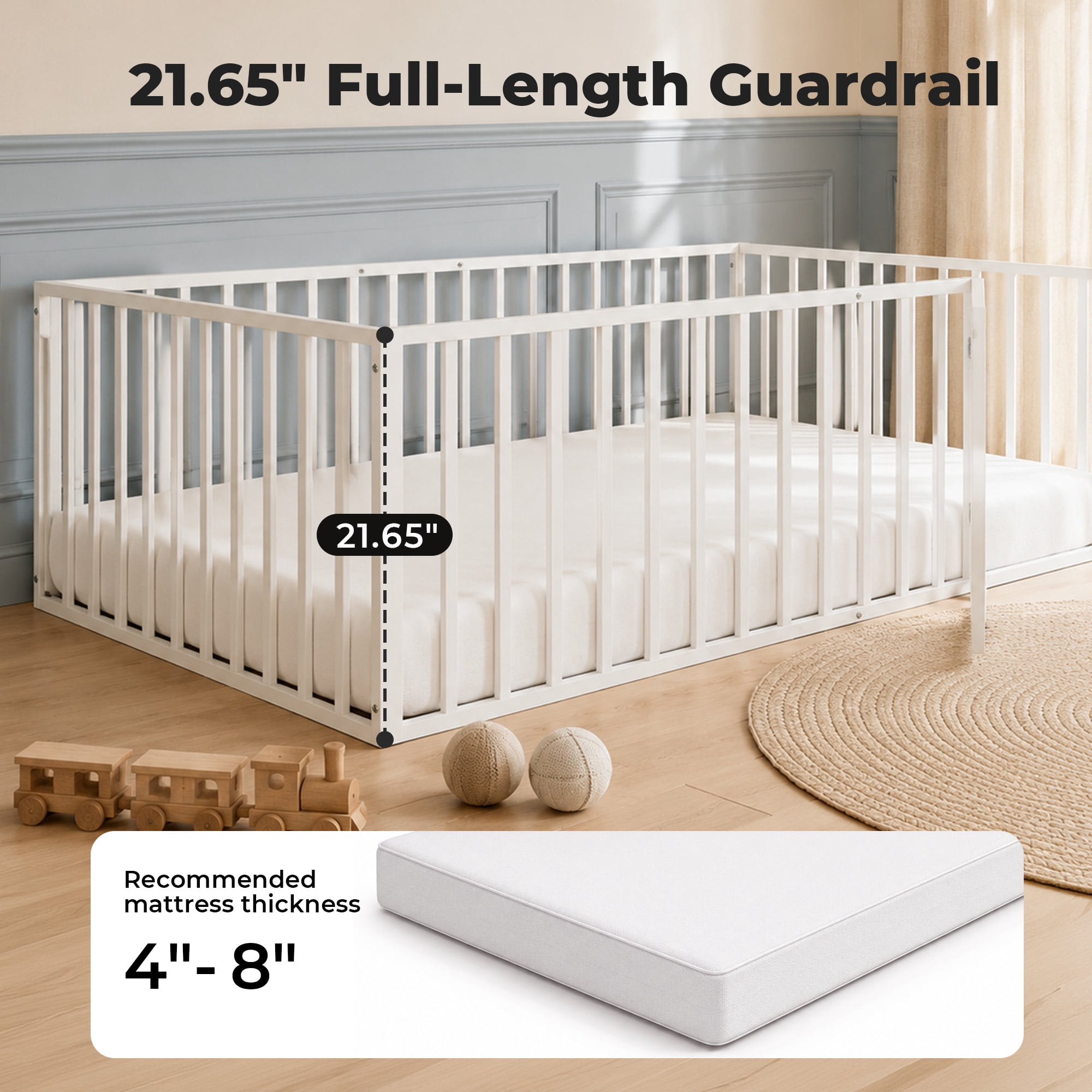 Alvantor Floor Bed, Metal Platform Bed White