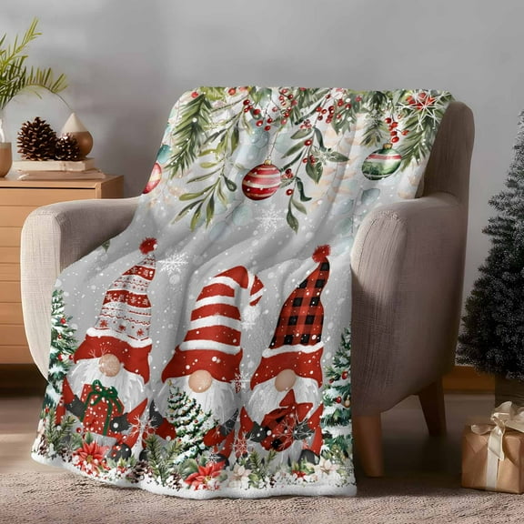 Throw Blanket Fleece Throw Blanket 50x60in, Merry Christmas Dwarf Tree Hats Soft Lightweight Bed Blankets Poinsettia Snowflake on Gray Fuzzy Couch Blankets for All Season