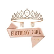 Birthday Girl Crown with Sash, Rose Gold Birthday Tiara for Women, Princess Crown Rhinestone Happy Birthday Accessories Headband