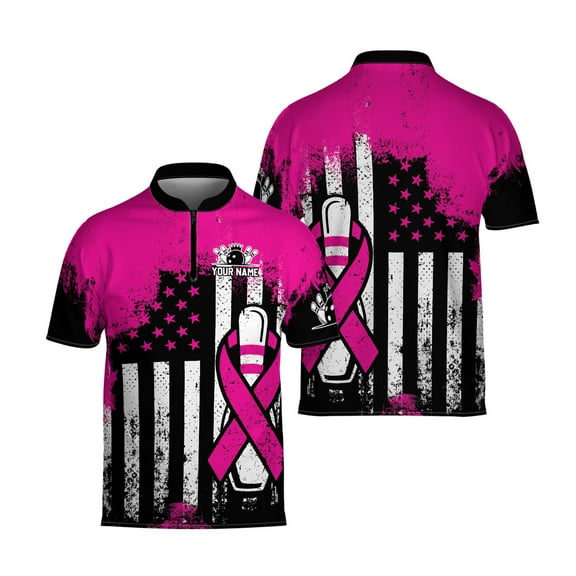 Personalized American Flag Pink Ribbon Bowling Jersey 3D Bowling Shirt for