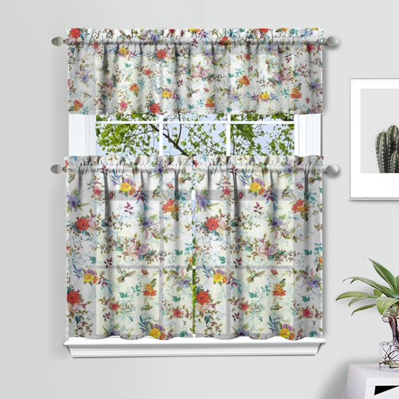 Farmhouse Bohemian Curtains 36 Inch Short - 3 Panel Floral Vintage Set with Rustic Botanicals, Rod Pocket
