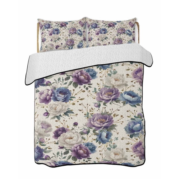 Quilt King Size Bedding Set, Farmhouse Flowers Reversible Summer Quilt 3 Pieces, Botanical Purple Blue Floral Plants Lightweight Bedspreads Coverlets with 2 Pillow Shams for All Seasons