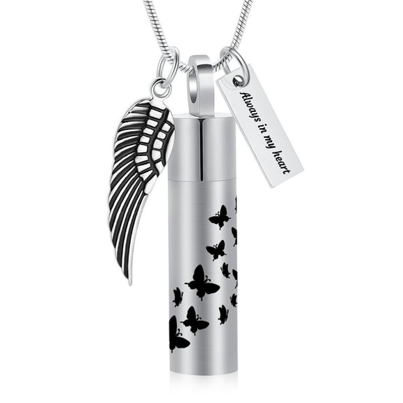 Cylinder Urn Necklace for Ashes Butterfly Print Cremation Jewelry Stainless Steel Ashes Pendant Feather Keepsake Memorial for Jewelry for Women Men