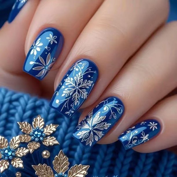Uñas postizas adhesivas azul Navidad con copos de nieve y flores, 24 piezas