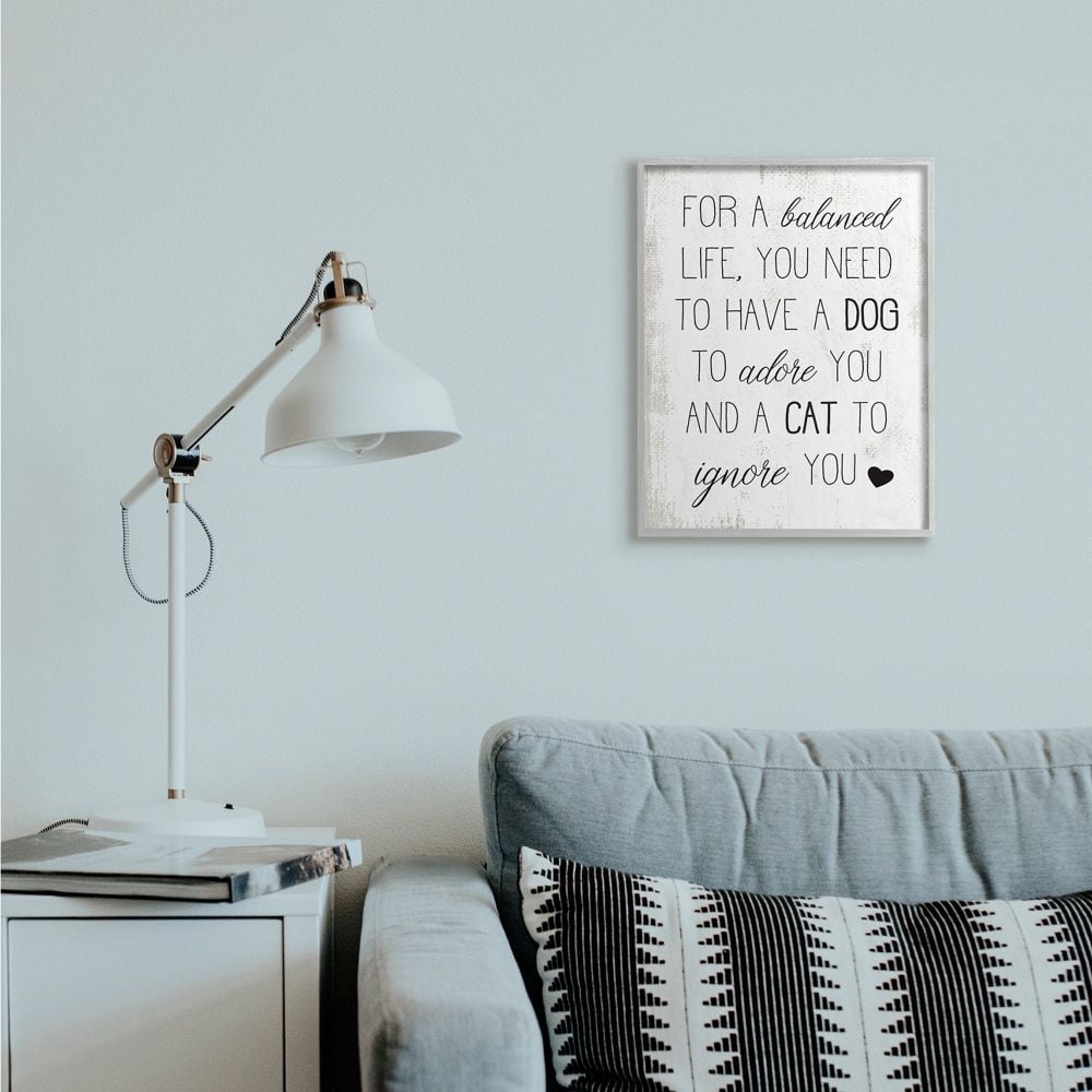 Stupell Industries For Balanced Life Quote Family Pets Cat Dog Framed Wall Art Design by Daphne Polselli, 16" x 20", Gray Framed