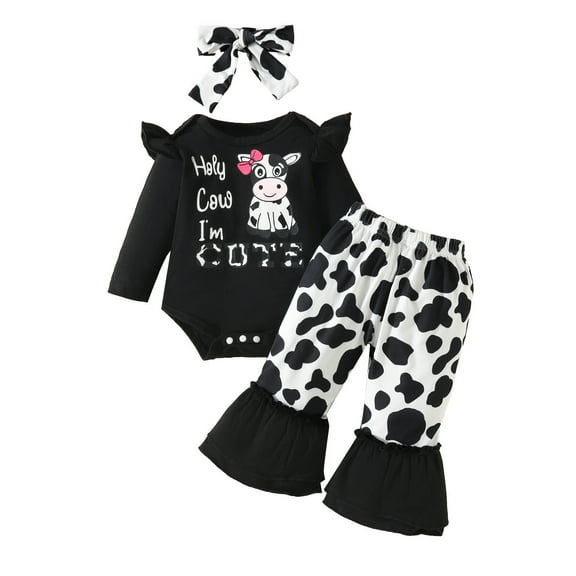 WOYY Infant Girls Outfits Cartoon Cow Print Long Sleeve Romper Pants Headband, Sizes 9-12M