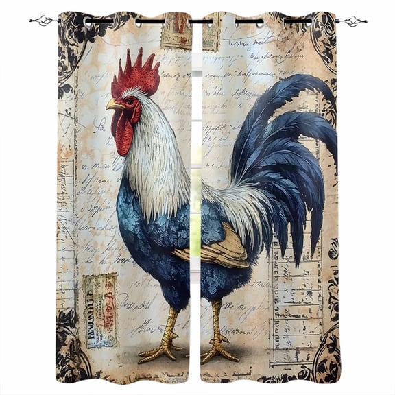 Blue Vintage Rooster Blackout Curtains for Bedroom/Living Room, Thermal Insulated Kitchen Curtains, Pastoral Elegant Animals Grommet Darkening Window Treatment Drapes 27.5"x39"x2