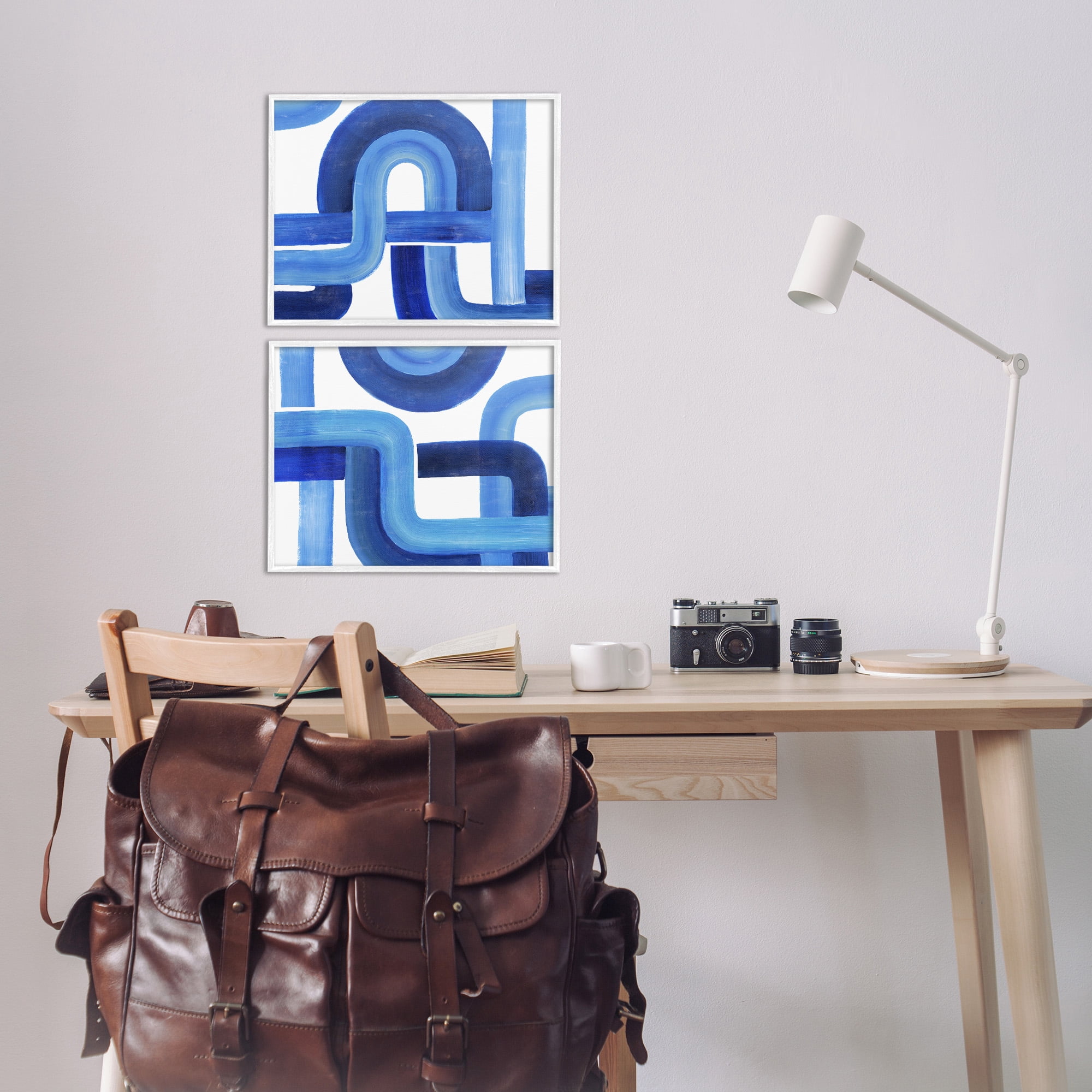 Stupell Industries Woven Blue Geometric Lines Abstract Painting White Framed Art Print Wall Art, 14 x 11, Set of 2