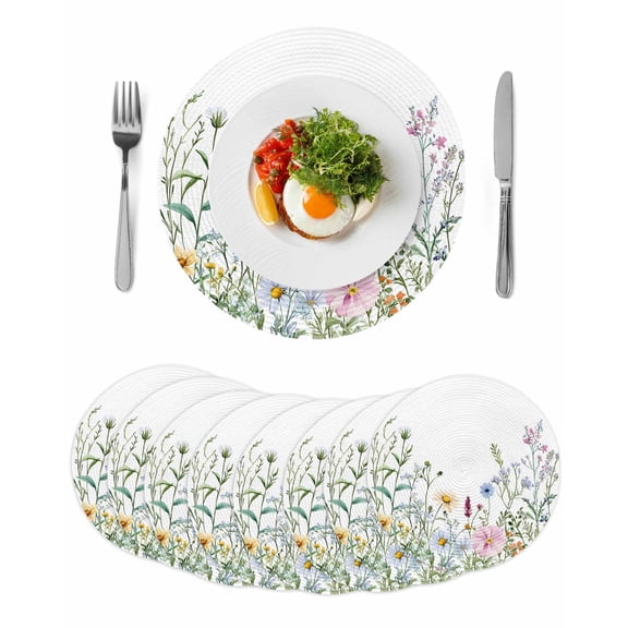 Spring Floral Round 13 Inch Placemats Set of 8, Wildflowers Herbs Summer Botanical HeatResistant Non Slip Place Mats for Dining Table, Wipeable Braided Kitchen Table Mats for Housewarming