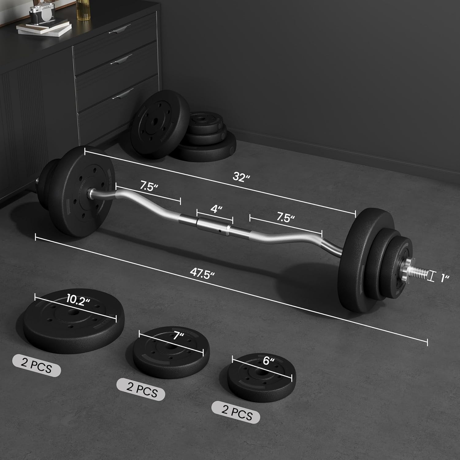 Barbell Set Olympic Curl Bar Weights & 2 Olympic Barbell Clamps Strength Training Bars