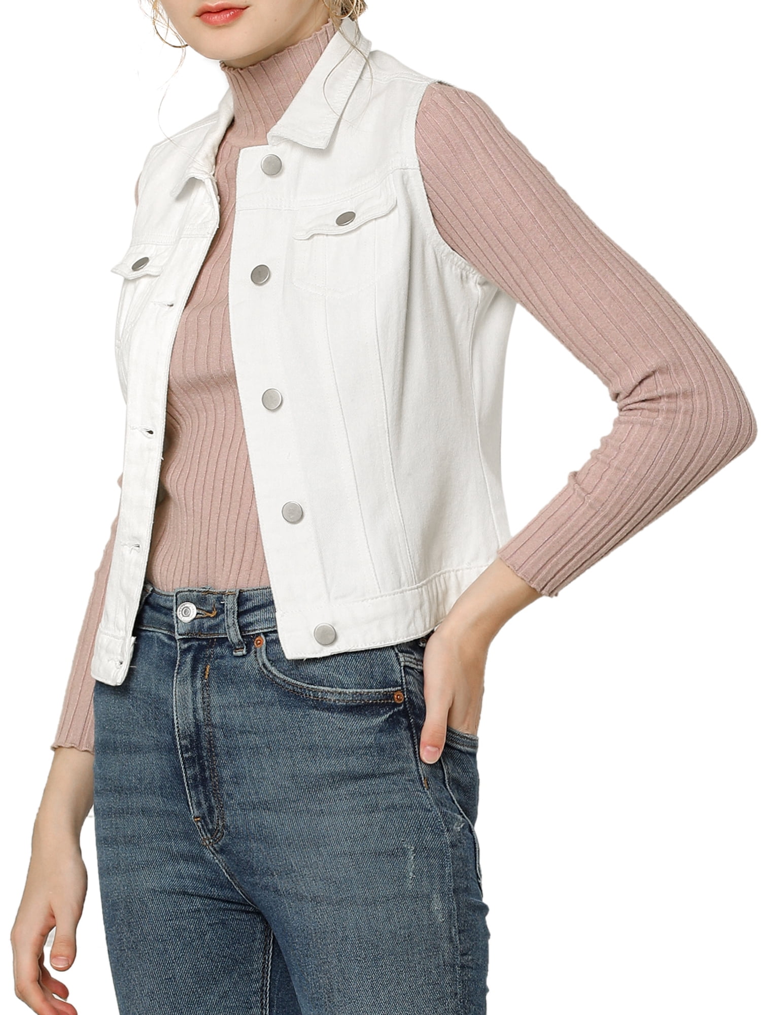 DARING DIVA Women's Denim Sleeveless Flap Pockets Vest Jacket L White