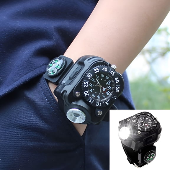 LAMIRO 3-in-1 Outdoor Sports Rechargeable Bright LED Flashlight Compass Wrist Watch