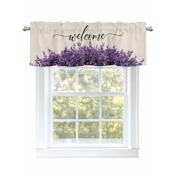 Spring Lavender Curtain Valances for Windows, Seasonal Blooms Botanicals Purple Flower Kitchen Valance Window Treatment, Light Filtering Block Curtains for Bathroom/Bedroom/Living Room 60'' x 18''