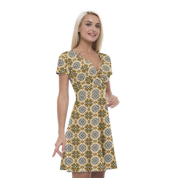 Women’s A Line Spanish Summer Dress, Retro Triangle Arrangement, Cross Wrap V Neck, 6 Sizes, by Ambesonne