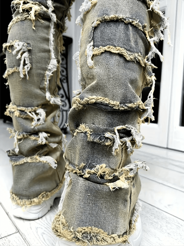 DARK FOG★Vintage Gemstone Ripple Drained Straight JeansDF48 Kids Stacked Ripple Effect Denim (Black Shadow)