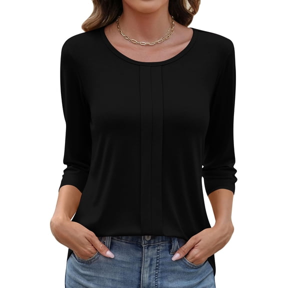 Garbnen 3/4 Sleeves Tops for Women Spring Summer Black Crewneck Tops for Women Dressy Casual Basic Women Pullover Tops