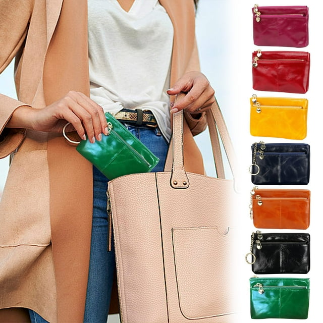 Mini cartera de cuero con llavero • Bolso compacto con cremallera • 13x9x1cm • Amarillo, burdeos, fucsia, verde, azul, negro, marrón
