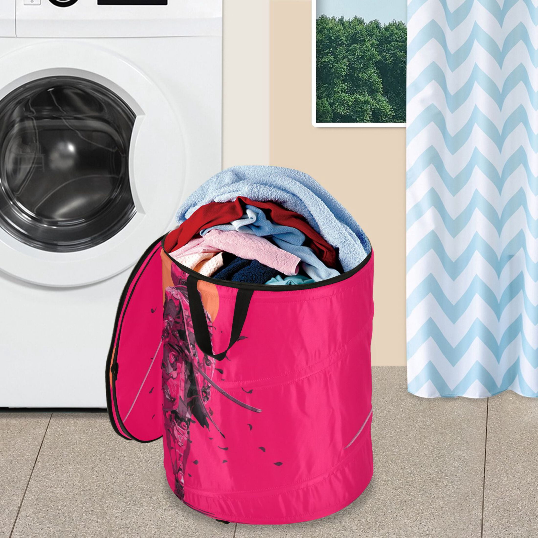 50L Extra Large Popup Hamper Collapsible Laundry Basket With Zippered Lid 15.7x18.5in Women Warrior