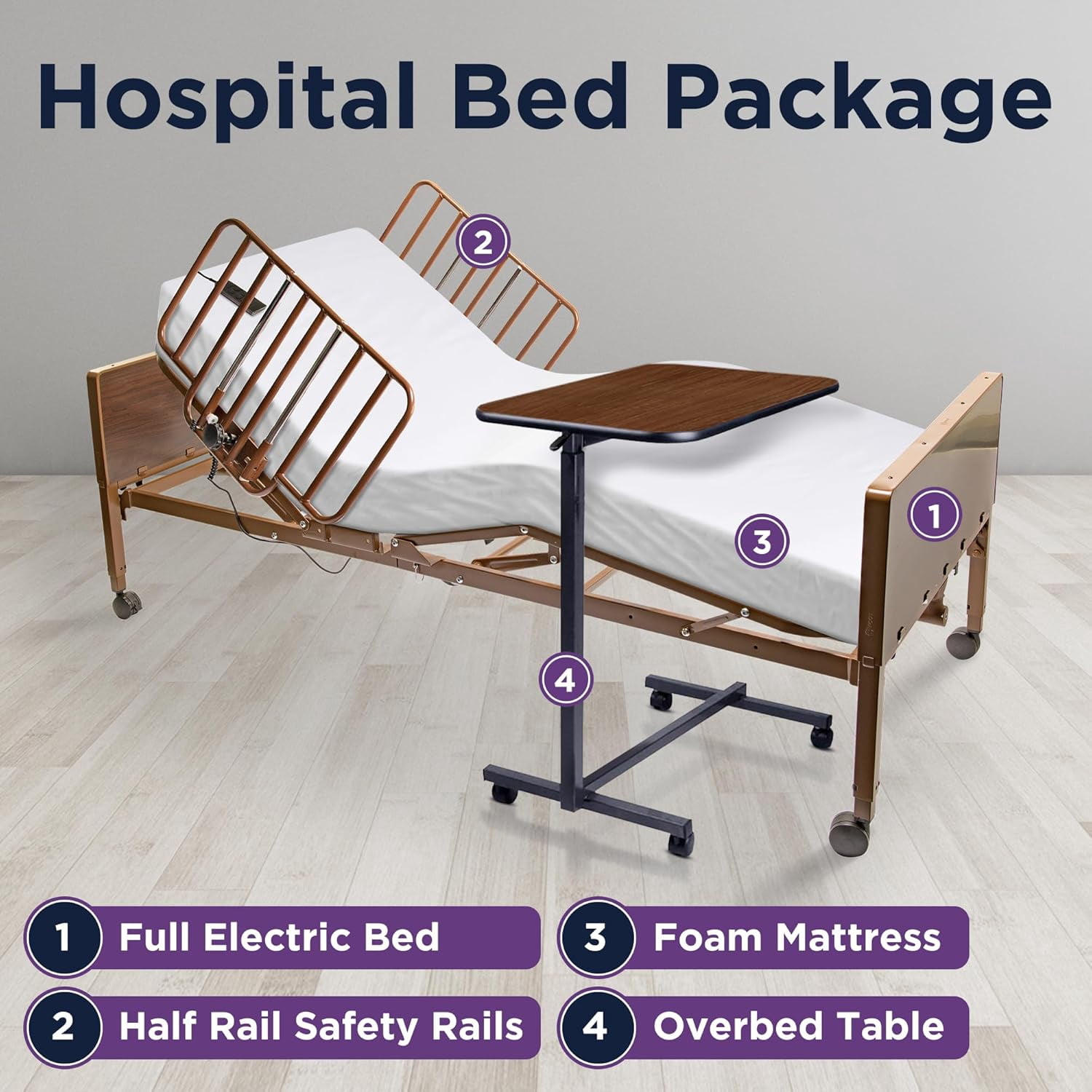 ProHeal Full Electric Hospital Bed Package With Overbed Table For Home - Rails and Mattress Included, Medical Bed - 36" x 80"