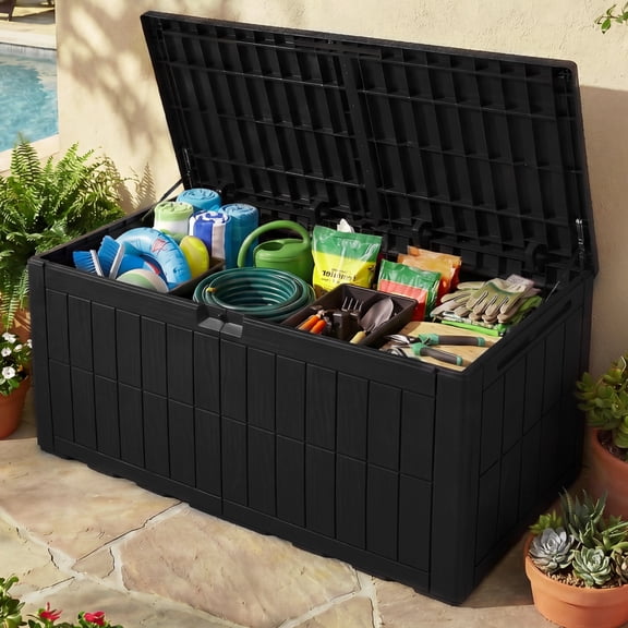 Uforic 110 Gallon Waterproof Outdoor Deck Box, Lockable Resin Storage Box, 2 Person Patio Storage Bench for Cushions Garden Tools Pool Supplies, Black