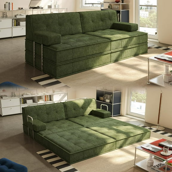 81.5'' Sofa Bed Convertible Sleeper Sofa, Akaber Oversized Pull Out Couch with Fixed-Shape Frame, 2 Pillows, Corduroy Plush Lounge for Living Room