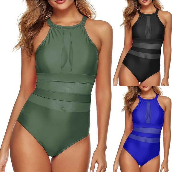 Holiday Promotion UTSJKR Women One Piece Swimsuit Slimming High Neck Swimwear Backless Halter Ruched Tummy Control Bathing Suit Black 8