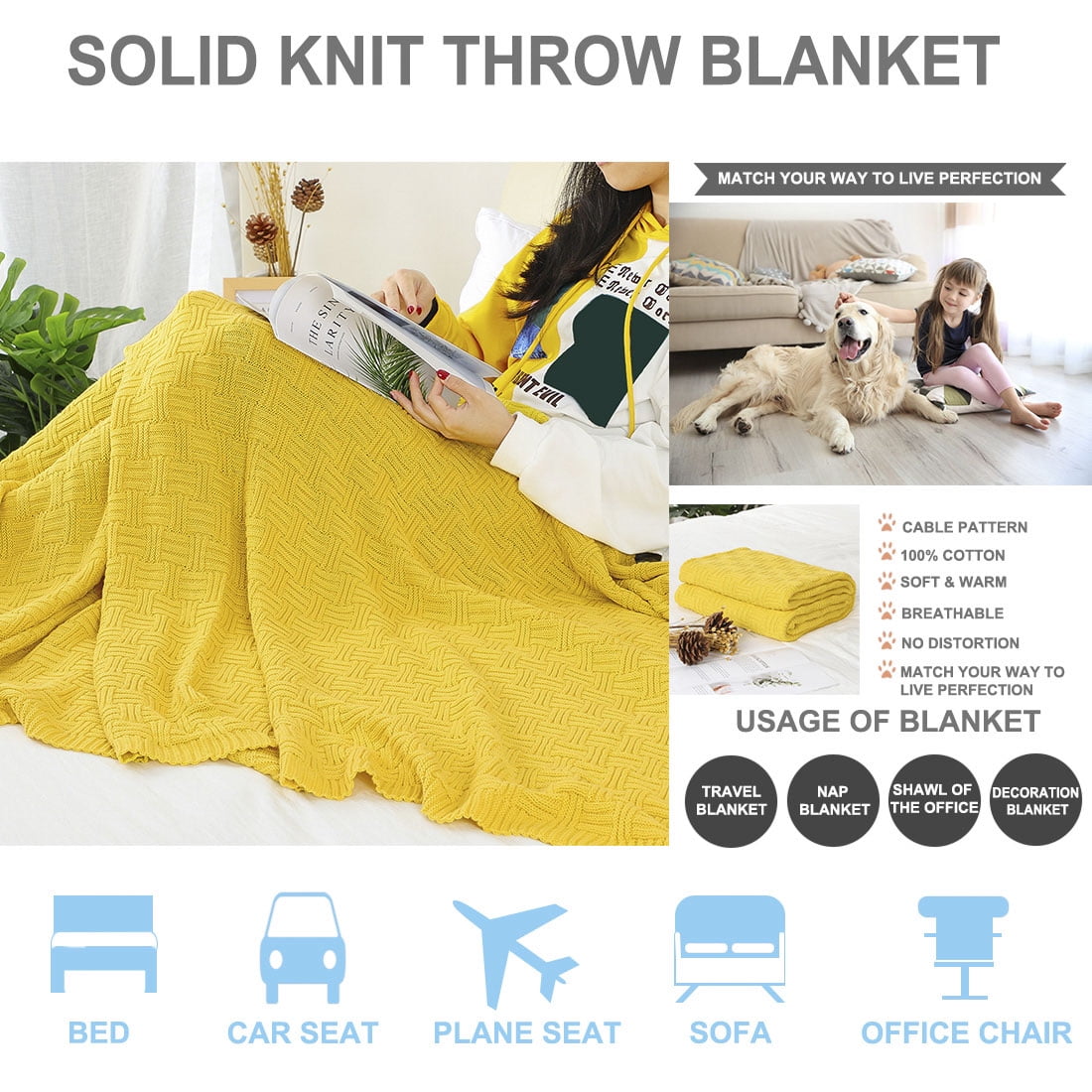 Unique Bargains Cotton Knitted Throw Blanket for Couch, 50" x 60",  Yellow