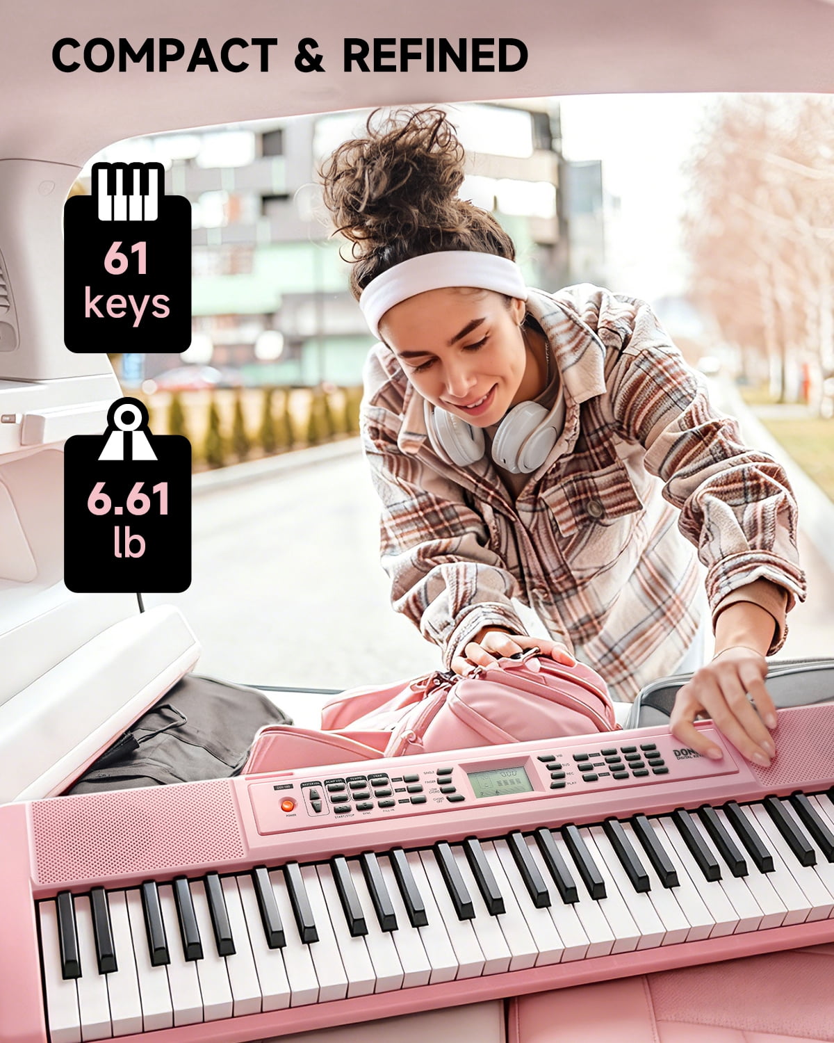 Donner DEK-100 61-Key Portable Digital Piano for Beginners, 128 Tones & Rhythms, Sustain Pedal, Auto Accompaniment, Lightweight & Compact, Pink