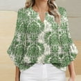 thumbnail image 2 of Lime Green Ruched Brunch T Shirt for Women Fall Summer Ruffle 3/4 Length Bell Sleeve V Neck Spandex Floral Graphic Loose Fit Tops Shirts Women 2025 Clothing M, 2 of 4