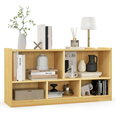 2-Tier Bookcase, 5 Cube Wood Storage Cube Bookshelf, Floor Standing Display Storage Shelf with Non-Slip Foot Pads, Storage Organizer Bookcase for Home Office, Living Room (Yellow)