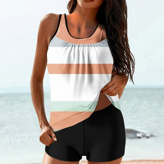 UTSJKR Two Piece Tankini Sets Striped Print Athletic Swim Tank Top with Shorts High Waist Ruched Flowy Modest Bathing Suits Multicolor S