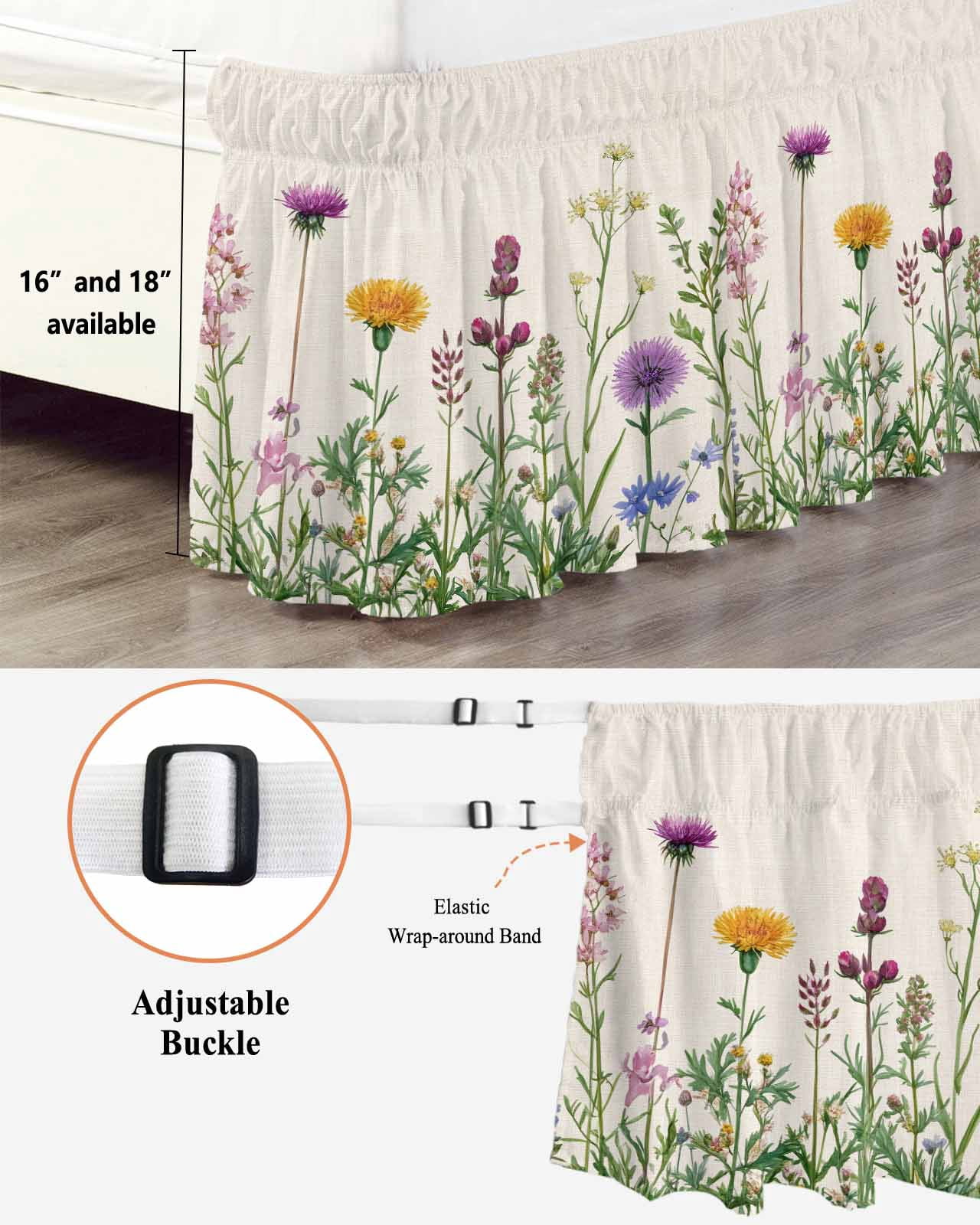 Spring Flowers Wrap Around Bed Skirts for Queen Bed 18" Drop, Bed Skirt with Adjustable Elastic Belt Dust Ruffle Bed Valance for Bedroom Hotel Luxury Wild Floral Herb Botanical Bed Frame Cover