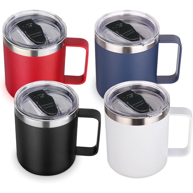 Volhoply Tasse à Café en Acier Inoxydable Isolée 14oz avec Couvercle en Vrac, Lot de 4, Tasse à Café de Voyage à Double Paroi sous Vide avec Poignée, Gobelets Réutilisables, Tasses de Camping Gardent au Chaud, Cadeaux de Noël (Assortis, 4)