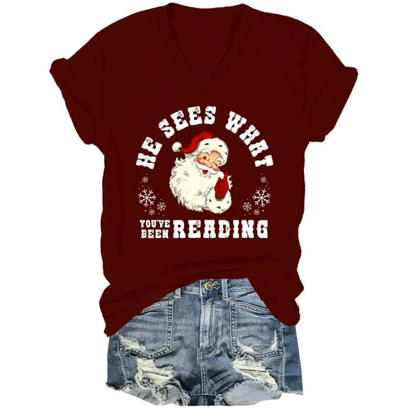 He Sees What You've Been Reading Santa Shirt Funny Bookish Christmas Santa V Neck Shirts