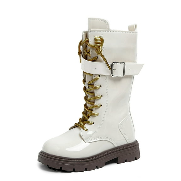 MUXiin Girls Lace Up Boots Mid Calf Combat Boots PU Leather Side Zipper Punk Goth Boot Kids Cute White Riding Boot