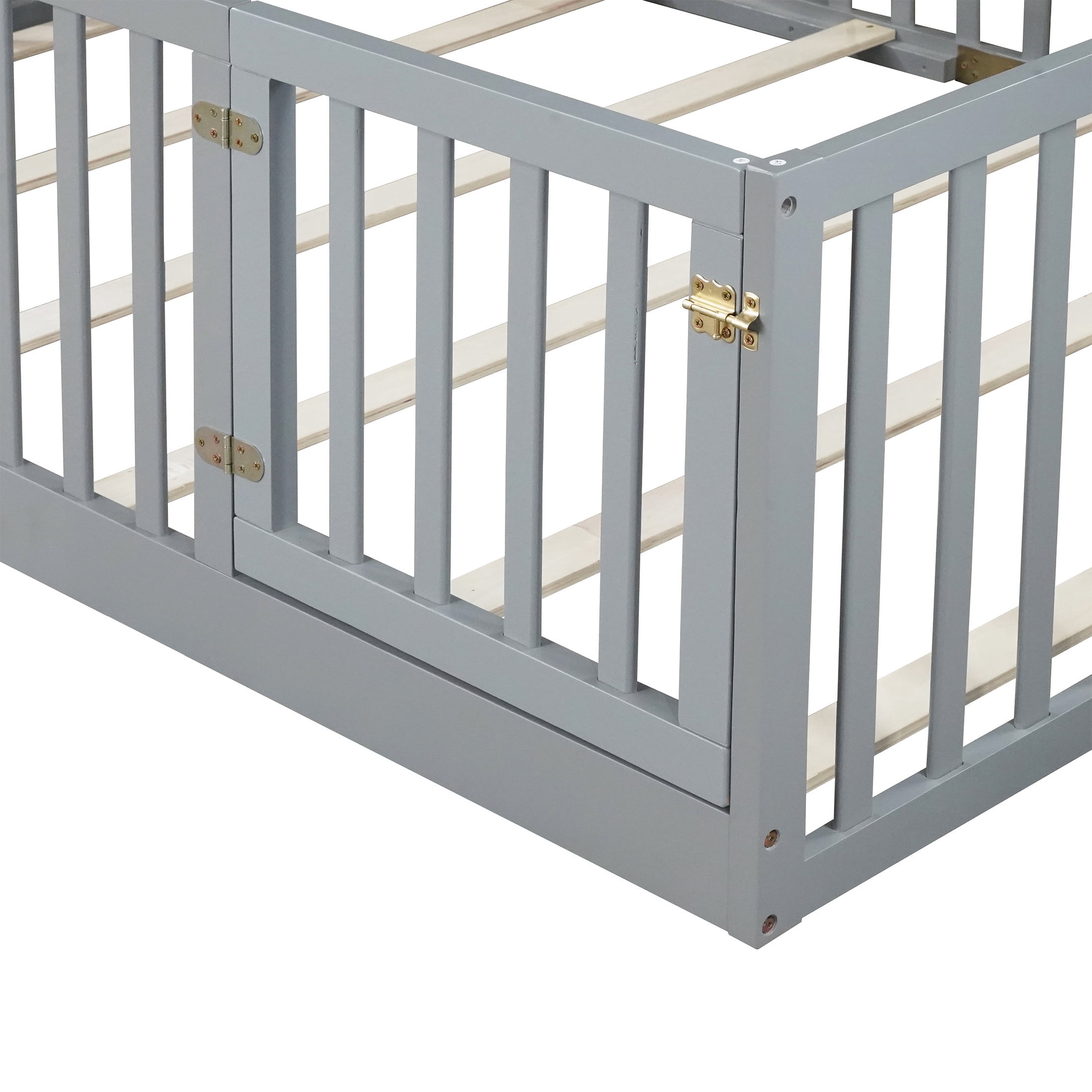 PORKISS Full Size Floor Bed with Door and Fence, Twin Size Bed Frame with Bed Slats, Sturdy Wood Floor Bed for Kids, Boys, Girls, Montessori Bed Frame, Grey