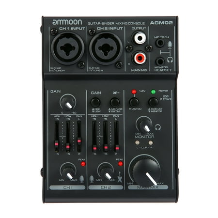 ammoon AGM02 Mini 2-Channel Sound Card Mixing Console Digital Audio Mixer 2-band EQ Built-in 48V Phantom Power 5V USB Powered for Home Studio Recording DJ Network Live Broadcast (Best Digital Mixer For Studio)