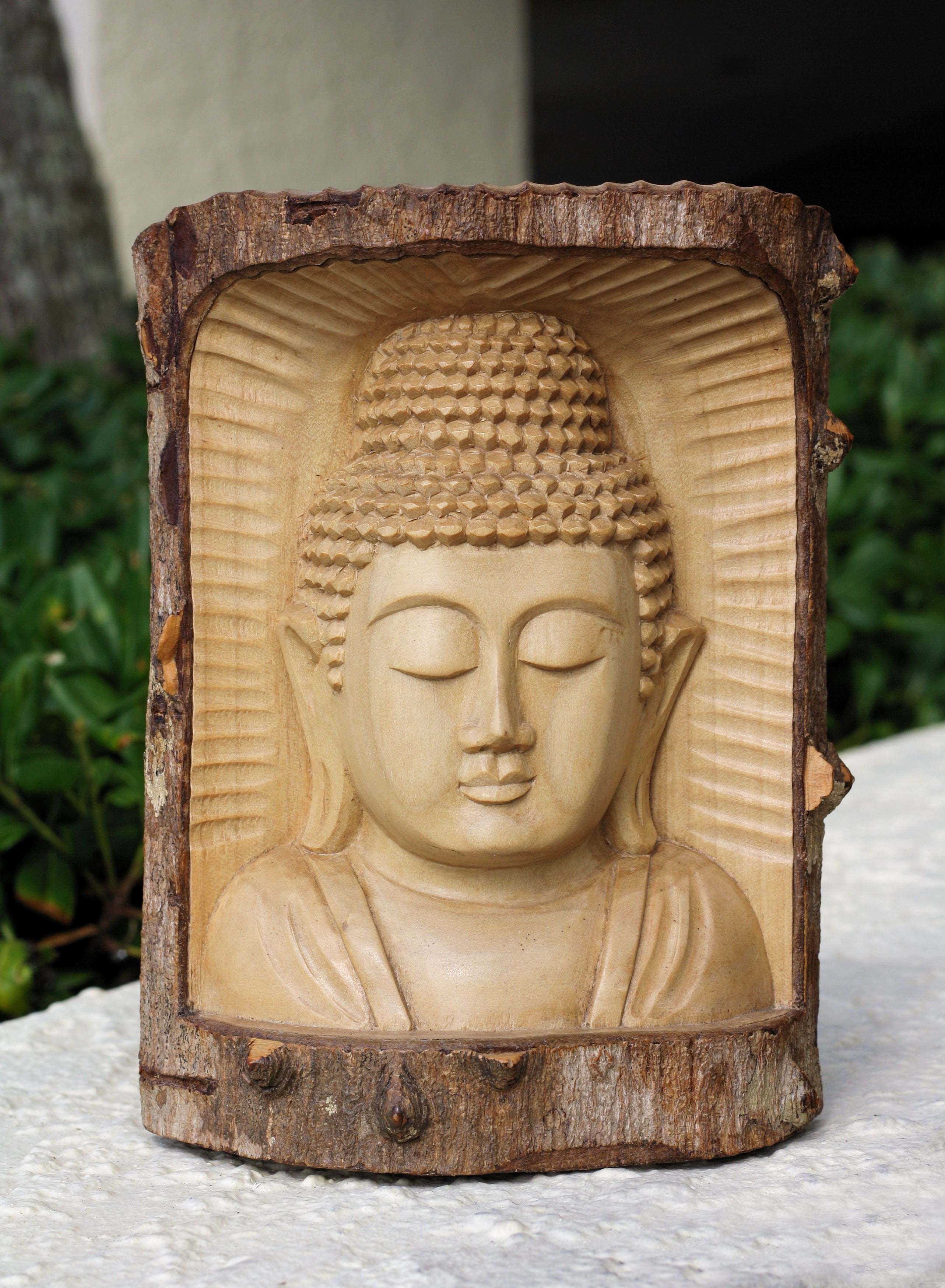 Wooden Serene Buddha Bust Head Crocodile Wood Statue Hand Carved